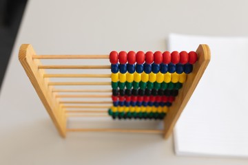 Abacus and bunch of paper on the desk in school