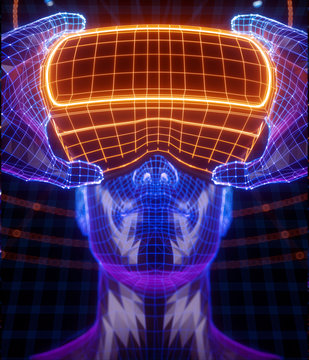 3D render of virtual man holding virtual reality glasses surrounded by virtual data with neon orange lines and dots. Player begins the VR game. VR experience.