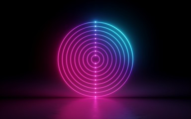 3d render, abstract background, round screen, rings, glowing dots, neon light, virtual reality, target, pink blue spectrum, vibrant colors, laser disc, isolated on black, floor reflection