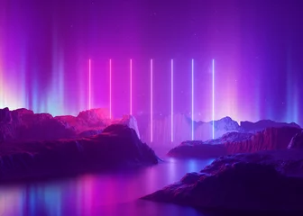 Foto op Plexiglas 3D render, abstracte achtergrond, kosmisch landschap, aurora borealis, roze blauw neonlicht, virtuele realiteit, energiebron, gloeiende laserlijnen, ruimte, ultraviolet spectrum, bergrotsen, grond © wacomka