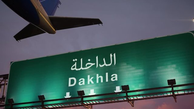 Airplane Take off Dakhla during a wonderful sunrise