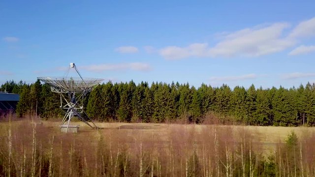 Aerial view of The Westerbork Synthesis Radio Telescope (WSRT). An aperture synthesis interferometer consisting of a linear array of 14 antennas