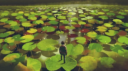 Tuinposter young man on giant lily pad leaf in fantasy swamp, digital art style, illustration painting © grandfailure