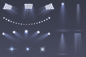 Vector Stadium spotlights. Scene spotlights set isolated on transparent background. Bright illumination. light sources for your design. Glowing stars. Eps 10.