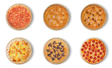 Fototapeta na wymiar A set of six pizzas on a white background. 1) Margarita 2-3) With shrimps and olives 4) With cheese 5) With fried mushrooms (champignons) 6) Pepperoni
