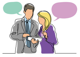 continuous line drawing of cowokers discussing