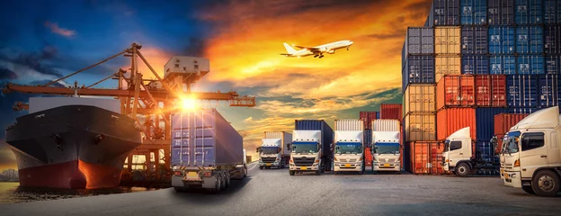 Foto op Canvas Logistics and transportation Industrial Container Cargo freight ship, forklift handling container box loading for logistic import export and transport industry concept  © Travel mania