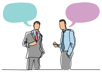 continuous line drawing of two businessmen talking