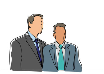 continuous line drawing of two businessmen standing together
