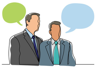 continuous line drawing of two businessmen standing together