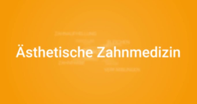 Animation welche den Service eines Zahnarztes in der &auml;sthetischen Zahnmedizin zeigt (z.B. Zahnersatz, Prothese, Implantat, Krone). Oranger Hintergrund, wei&szlig;er Text