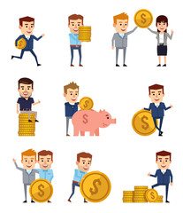 Set of businessman characters posing with coins. Businessman holding giant coin, running, putting money into piggy bank and showing other actions. Flat design vector illustration
