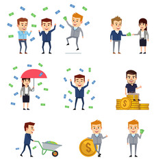 Business people posing with money in various situations. Achieve success, wealth, win in lottery. Flat design vector illustration