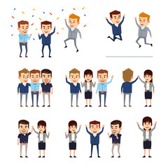 Set of business people celebrating success, achievement. Business man and woman jumping, standing in group. Flat design vector illustration