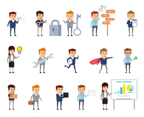 Set of business people in various situations showing different actions. Business man and woman thinking, holding wrench, letter, loudspeaker, pointing to idea. Flat design vector illustration