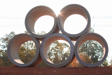 concrete pipes at construction site,Concrete pipes on the road that are under construction during...