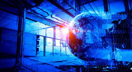 Wireless technologies and business city. Mixed media