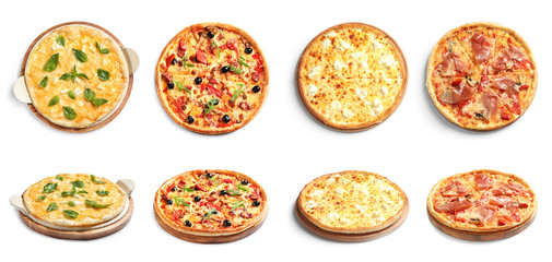 Delicious pizza with tomatoes and sausages on white background