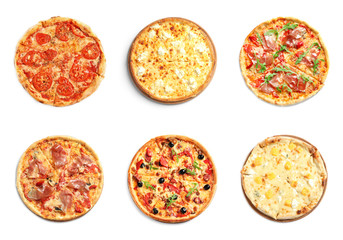 Set of different hot pizzas with delicious melted cheese on white background, top view