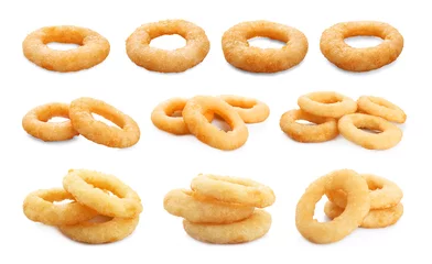Poster Set of delicious fried crispy onion rings on white background © New Africa