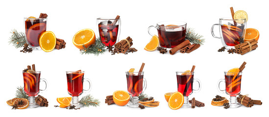 Set of traditional Christmas mulled wine in different glasses on white background