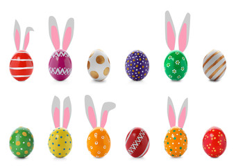 Set of different decorated Easter eggs and cute bunny's ears white background
