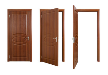 Set of closed and opened brown doors isolated on white