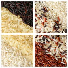 Set of different uncooked rice on white background, closeup view