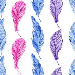 Seamless pattern with watercolor blue, pink, purple feathers. Boho style