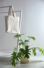 Houseplant and eco bag on rack near white wall. Space for design