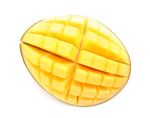 Cut ripe mango on white background, top view