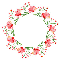 Watercolor wreath. Frame with spring flowers. Circular hand-drawn design