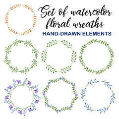 Set of watercolor wreath. Frame with spring flowers. Circular hand-drawn design