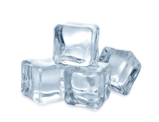 Pile of crystal clear ice cubes on white background