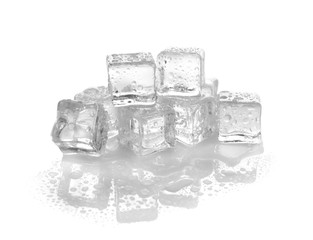 Pile of crystal clear ice cubes on white background