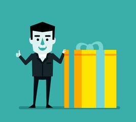 Cheerful man stands with big gift box. Surprise, birthday celebration, prize win concept. Flat style vector illustration