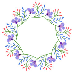 Watercolor wreath. Frame with spring flowers. Circular hand-drawn design