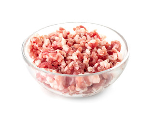 Glass bowl with minced meat on white background