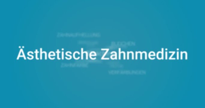 Animation welche die Leistungen eines Zahnarztes in der &auml;sthetischen Zahnmedizin zeigt (z.B. Zahnreinigung, Prophylaxe, Scaling). Blauer Hintergrund, wei&szlig;er Text