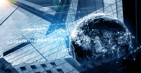 Wireless technologies and business city. Mixed media