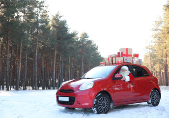 Authentic Santa Claus in red car with gift boxes, view from outside