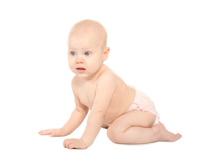 Cute little baby on white background. Crawling time