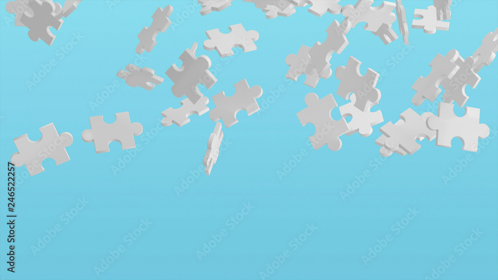 Poster jigsaw puzzle in the air, pattern texture with space in strategy and solution of team business succe