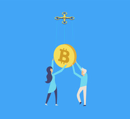 Set collection of coin bitcoin, graphic, analytics, consultation, people, man,  woman, dron with many details and background. Vector illusyration.