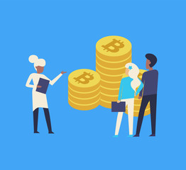 Set collection of coin bitcoin, analytics, consultation, people, woman, man with many details and background. Isometric. Vector illusyration.