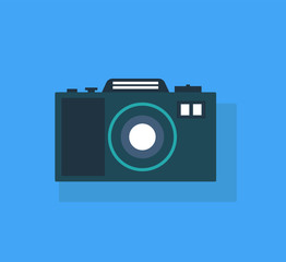Realistic Digital Retro Camera on Blue  Background. Concept device. Vector Illustration. EPS 10.