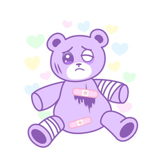 Suffering bear toy with injured body in yami kawaii style