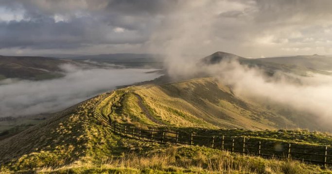 time lapse early morning mist lapping on Mam Tor, Castleton, Peak District National Park, Derbyshire, England, United Kingdom, Europe