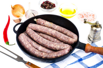 Pan with raw pork homemade sausage