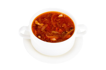 White bowl with vegetable soup isolated on white background